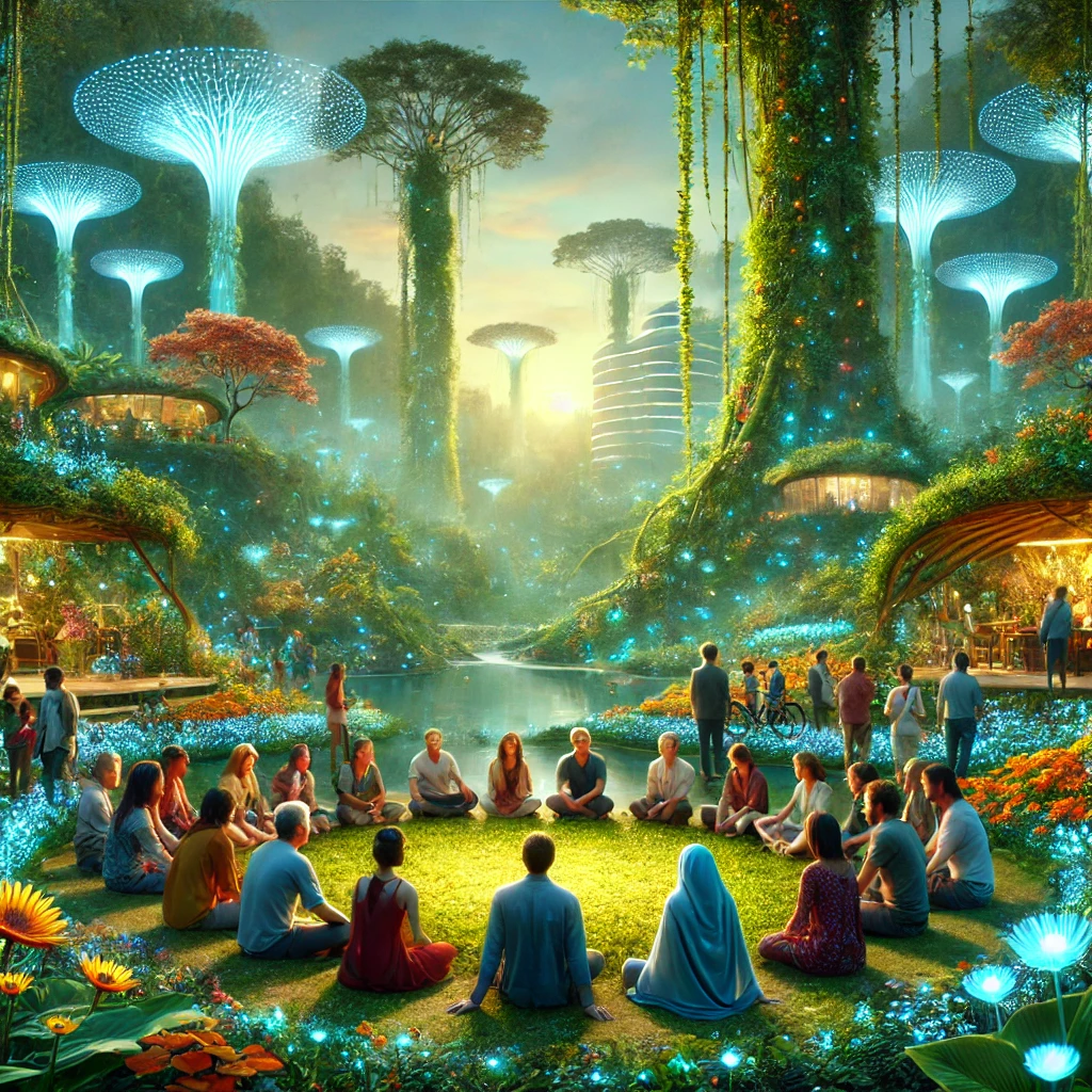 A futuristic utopian society deeply immersed in nature, where diverse individuals of all backgrounds gather in a serene, lush environment for meaning.