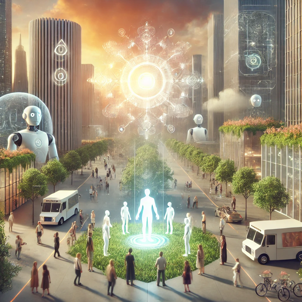 A serene futuristic city where humans and AI coexist in harmony. The scene depicts diverse individuals interacting with humanoid robots in a peaceful.
